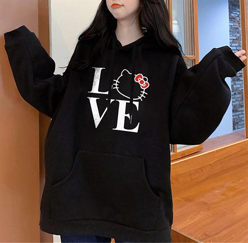 Love Cat Printed Black Unisex Oversize Hooded Sweatshirt