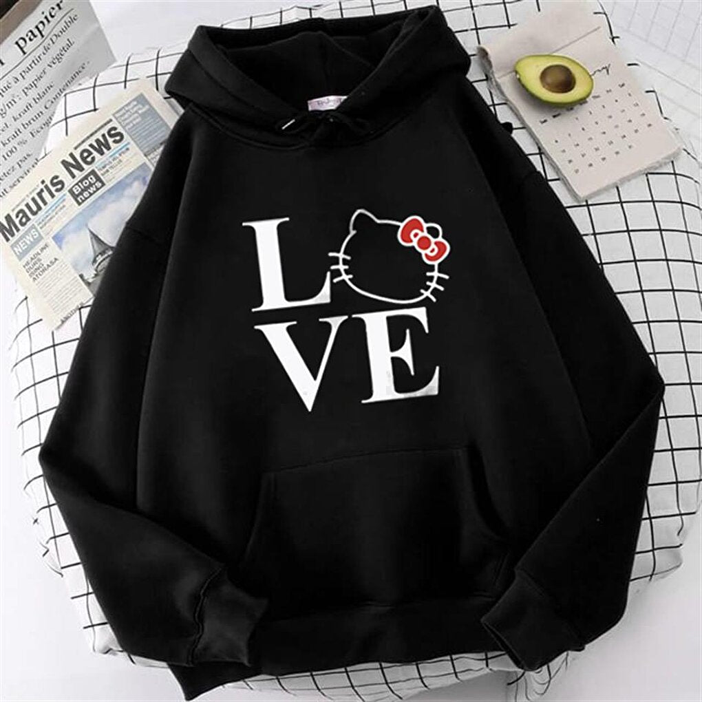 Love Cat Printed Black Unisex Oversize Hooded Sweatshirt