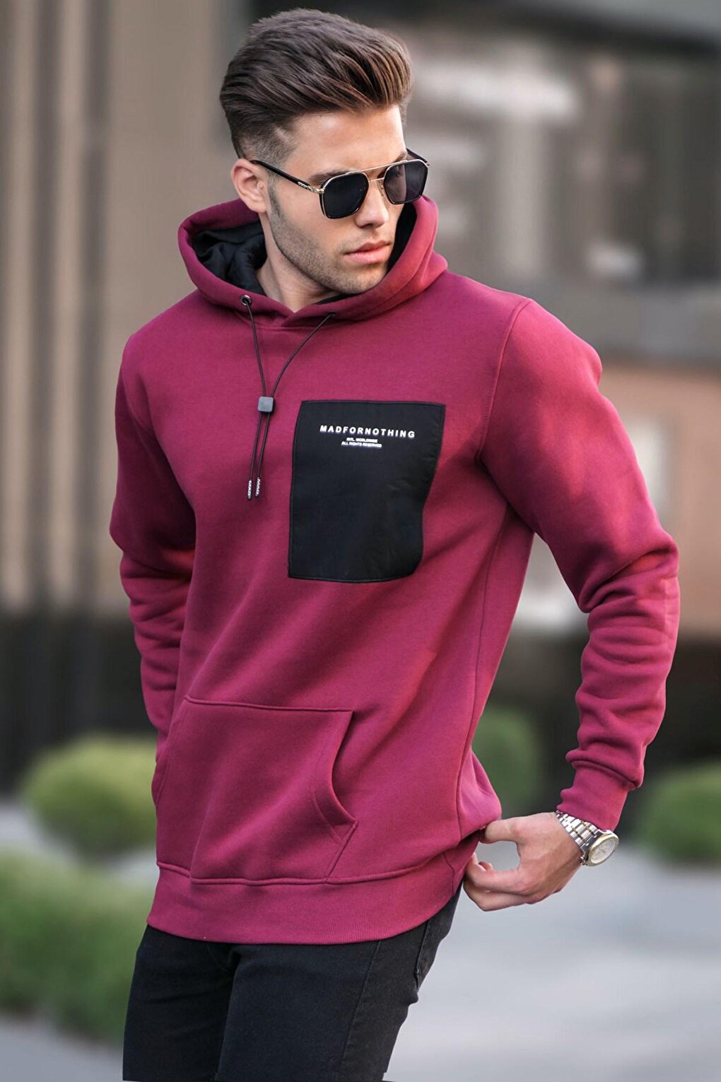 Claret Red Printed Hooded Sweatshirt 6004