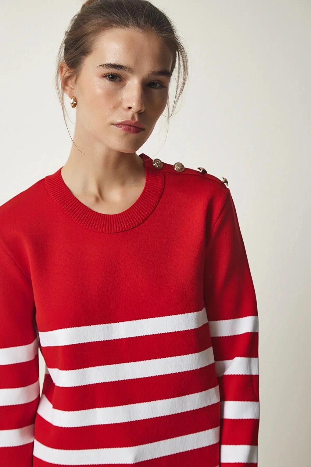 Women's Red and White Striped Shoulder Detailed Crew Neck Sweater HZL24W-BD1102081