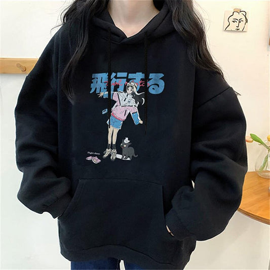 Anime Girl &amp; Cat Printed Black Unisex Oversize Hooded Sweatshirt