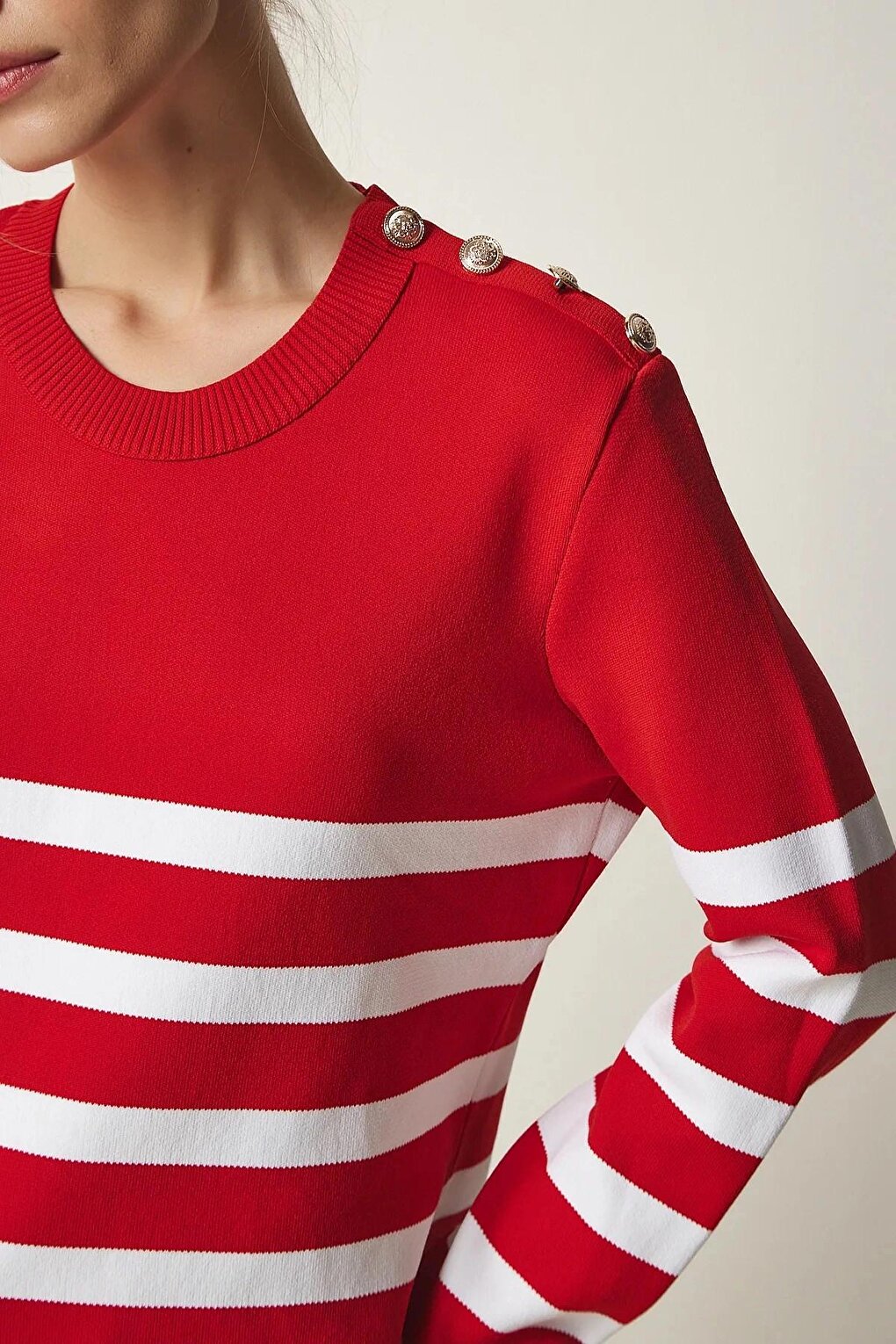 Women's Red and White Striped Shoulder Detailed Crew Neck Sweater HZL24W-BD1102081