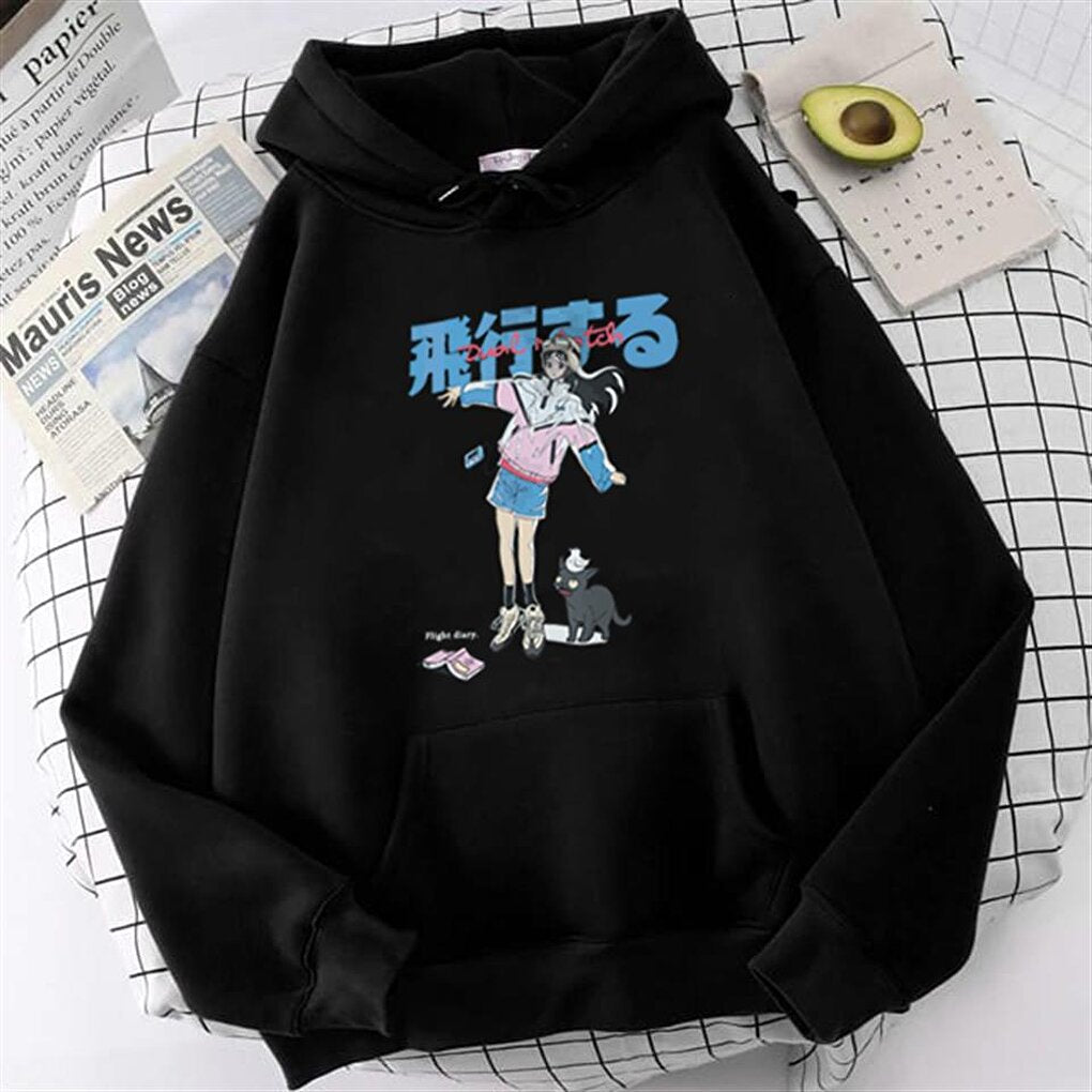 Anime Girl &amp; Cat Printed Black Unisex Oversize Hooded Sweatshirt