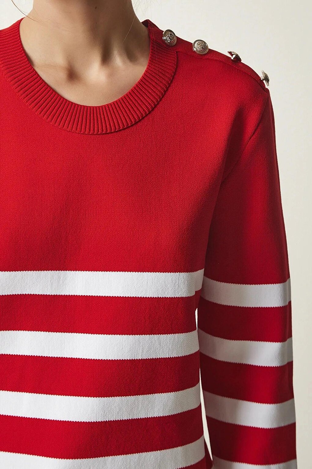 Women's Red and White Striped Shoulder Detailed Crew Neck Sweater HZL24W-BD1102081