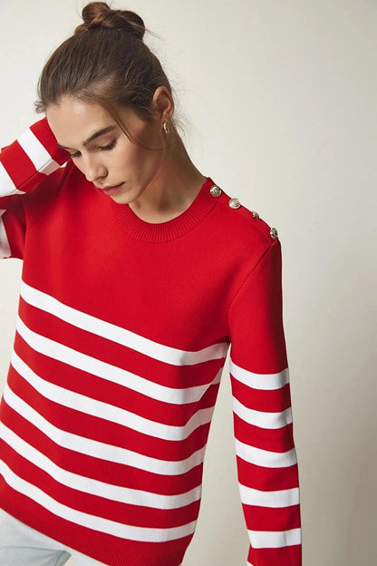 Women's Red and White Striped Shoulder Detailed Crew Neck Sweater HZL24W-BD1102081