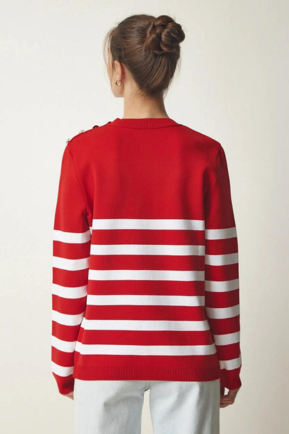 Women's Red and White Striped Shoulder Detailed Crew Neck Sweater HZL24W-BD1102081