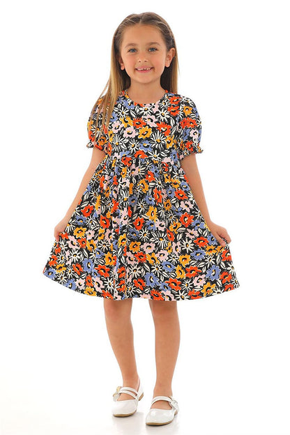 Girl's Orange Colored Floral Patterned Dress