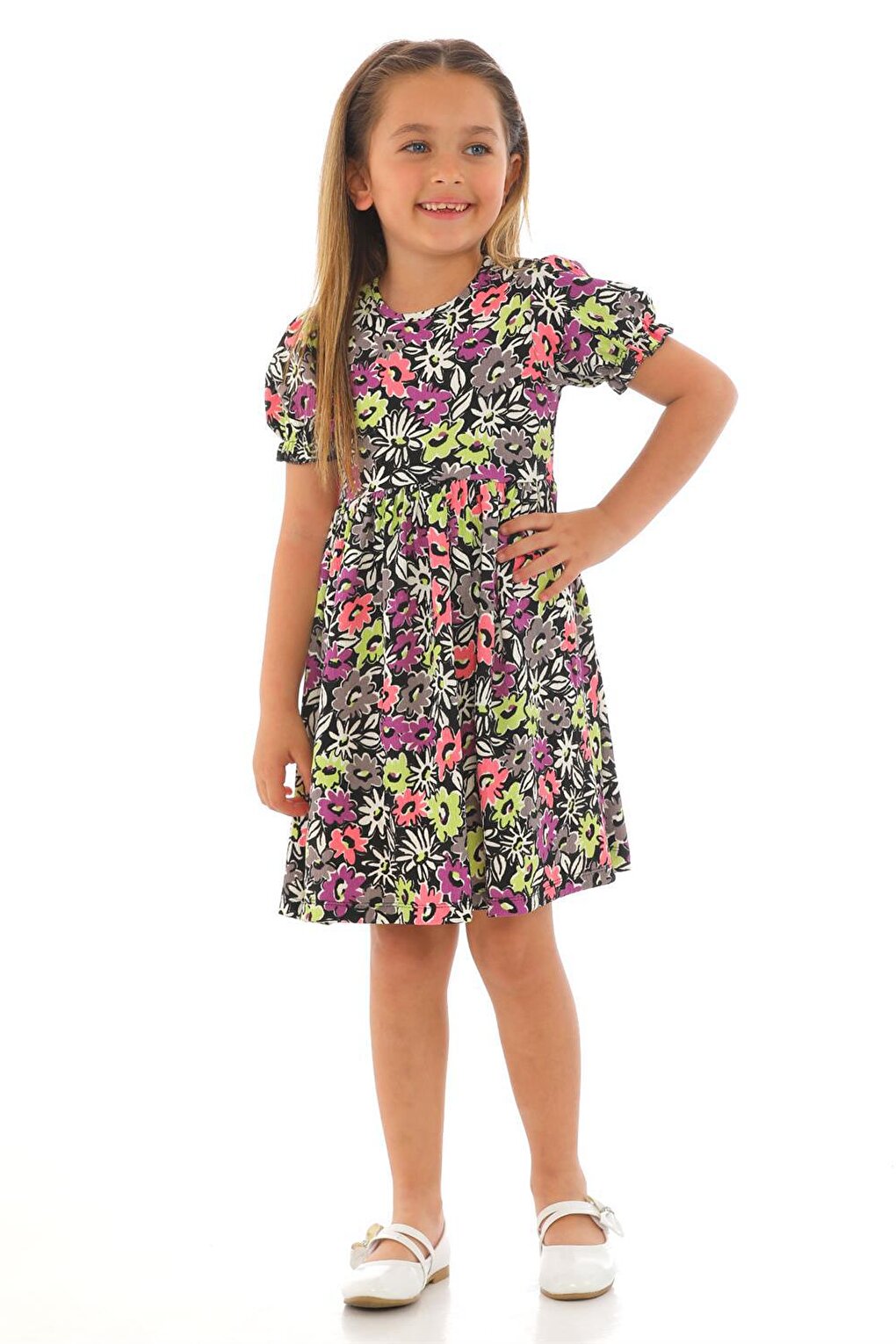 Girl's Green Colored Floral Patterned Dress