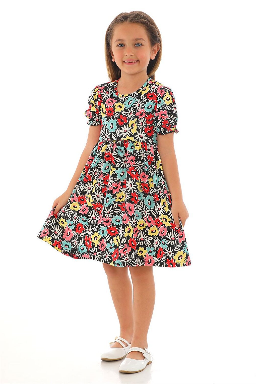 Girl's Red Colored Floral Patterned Dress