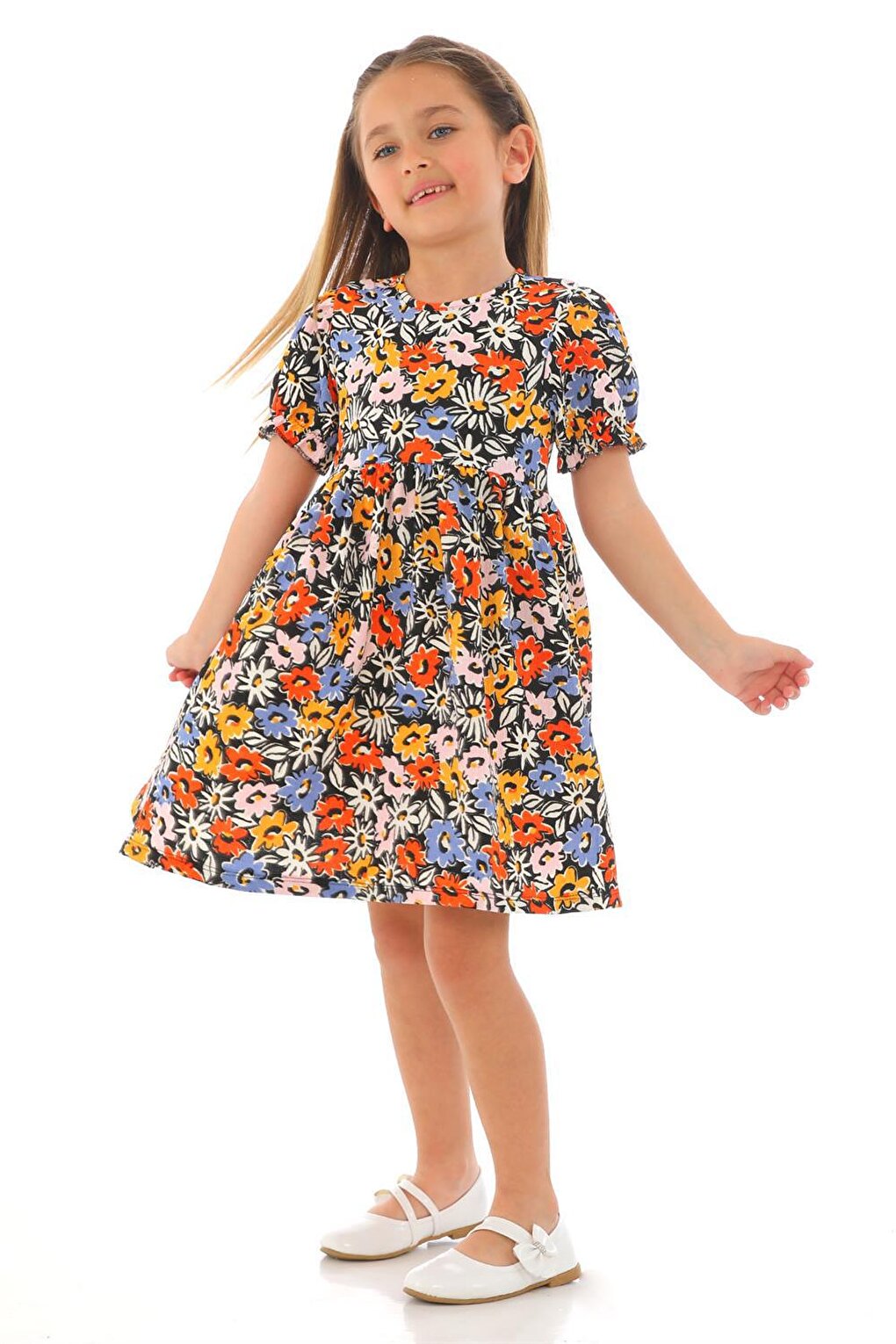 Girl's Orange Colored Floral Patterned Dress