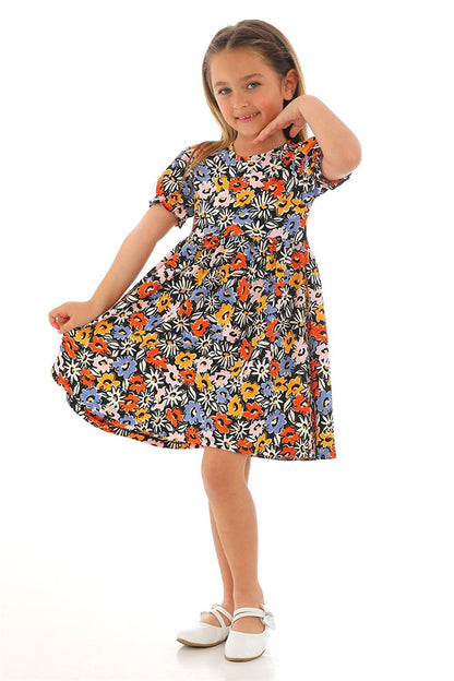 Girl's Orange Colored Floral Patterned Dress