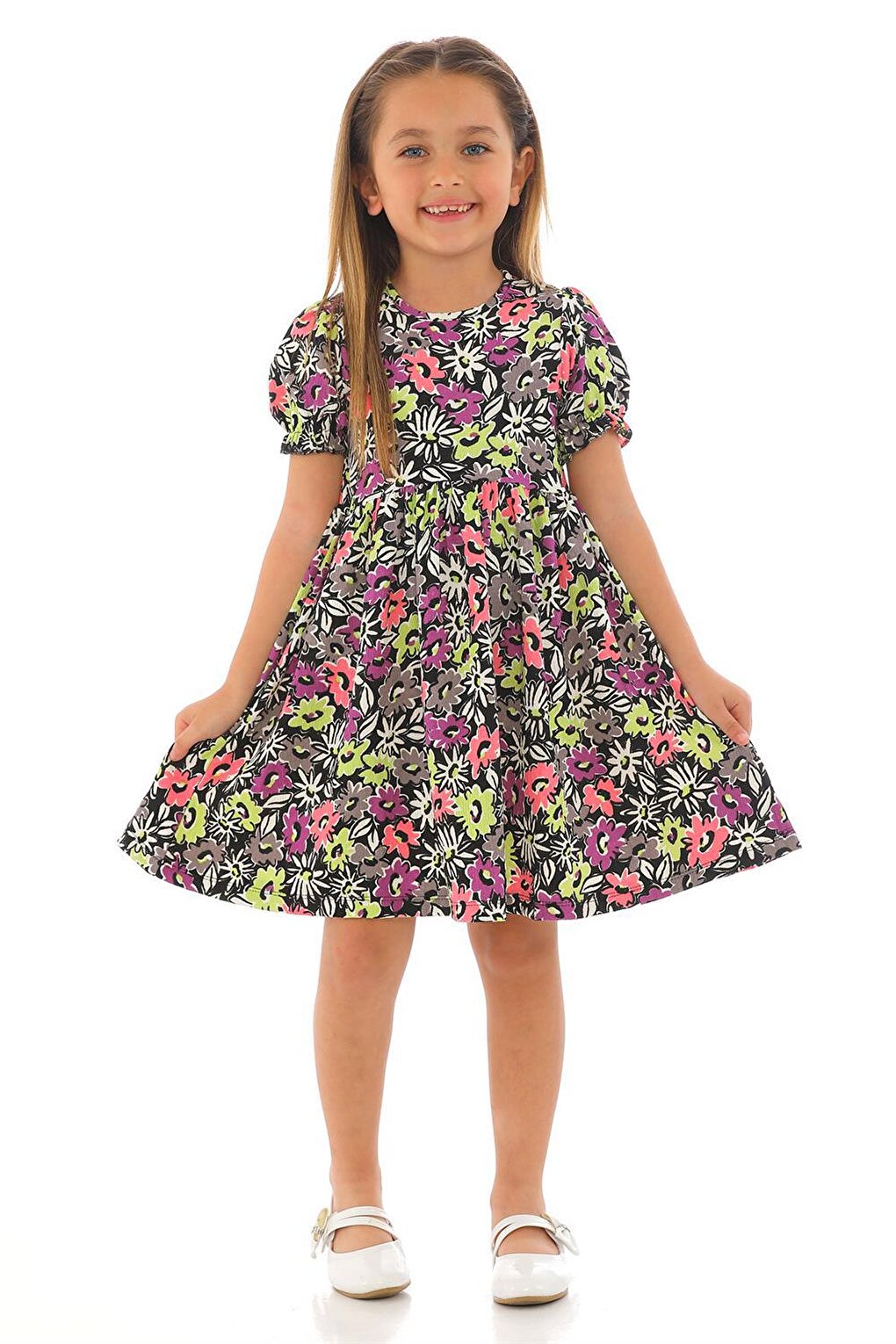 Girl's Green Colored Floral Patterned Dress