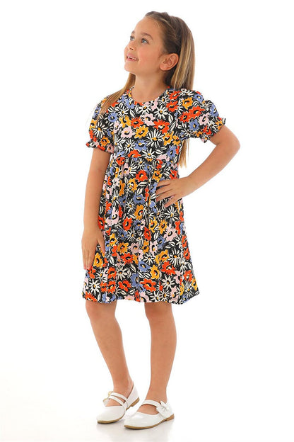 Girl's Orange Colored Floral Patterned Dress