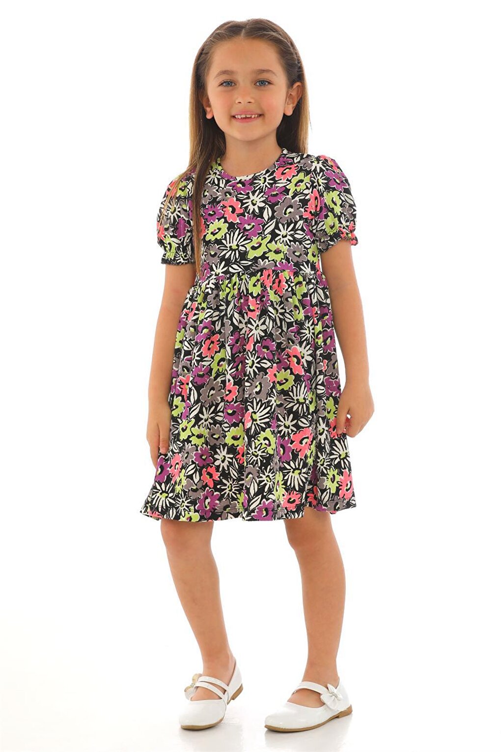 Girl's Green Colored Floral Patterned Dress