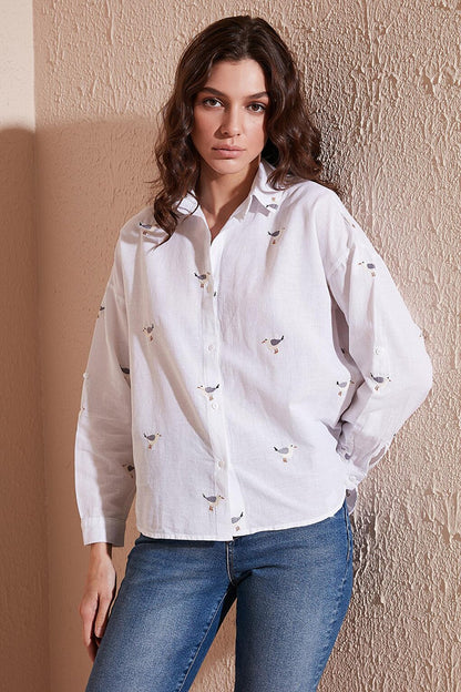 Cotton Regular Fit Foldable Sleeve Embroidered Thin Shirt 51440791