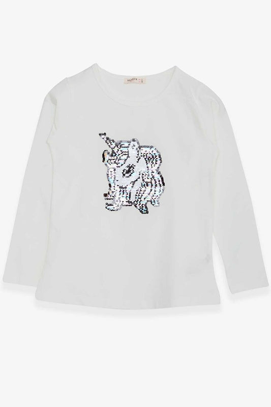 Girl's Long Sleeve T-Shirt Sequined Unicorn Ecru (Ages 4-8)