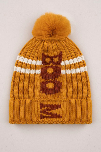 Boy's Mustard Colored Pompom and Boom Letter Beanie