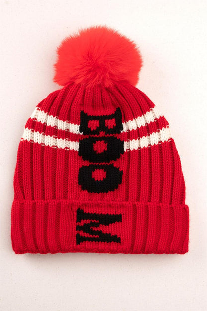 Boy's Red Pompom and Boom Letter Beanie