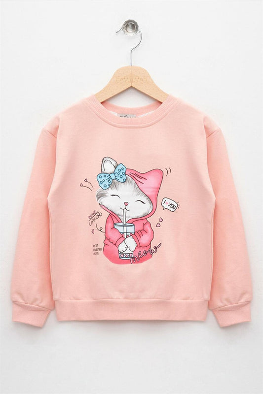 Girl's Salmon Colored Long Sleeve Cat Printed Sweatshirt