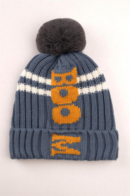 Boy's Indigo Colored Pompom and Boom Letter Beanie