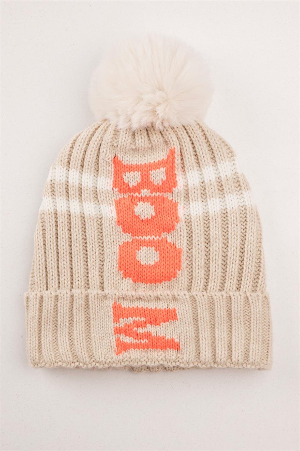 Boy's Beige Pompom and Boom Letter Beanie