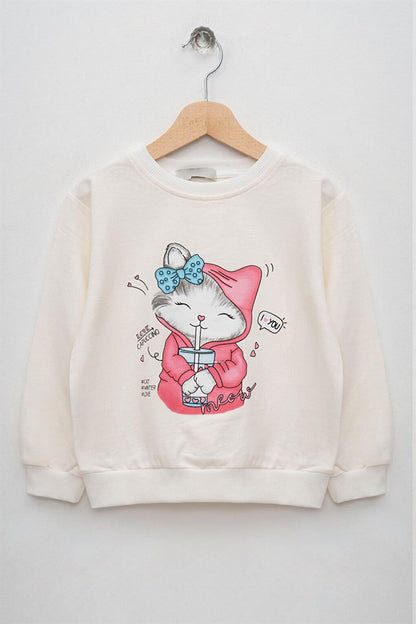 Girl's Ecru Color Long Sleeve Cat Printed Sweatshirt