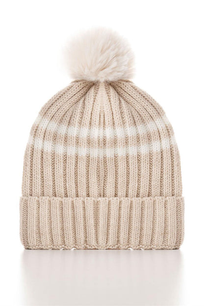 Boy's Beige Pompom and Boom Letter Beanie