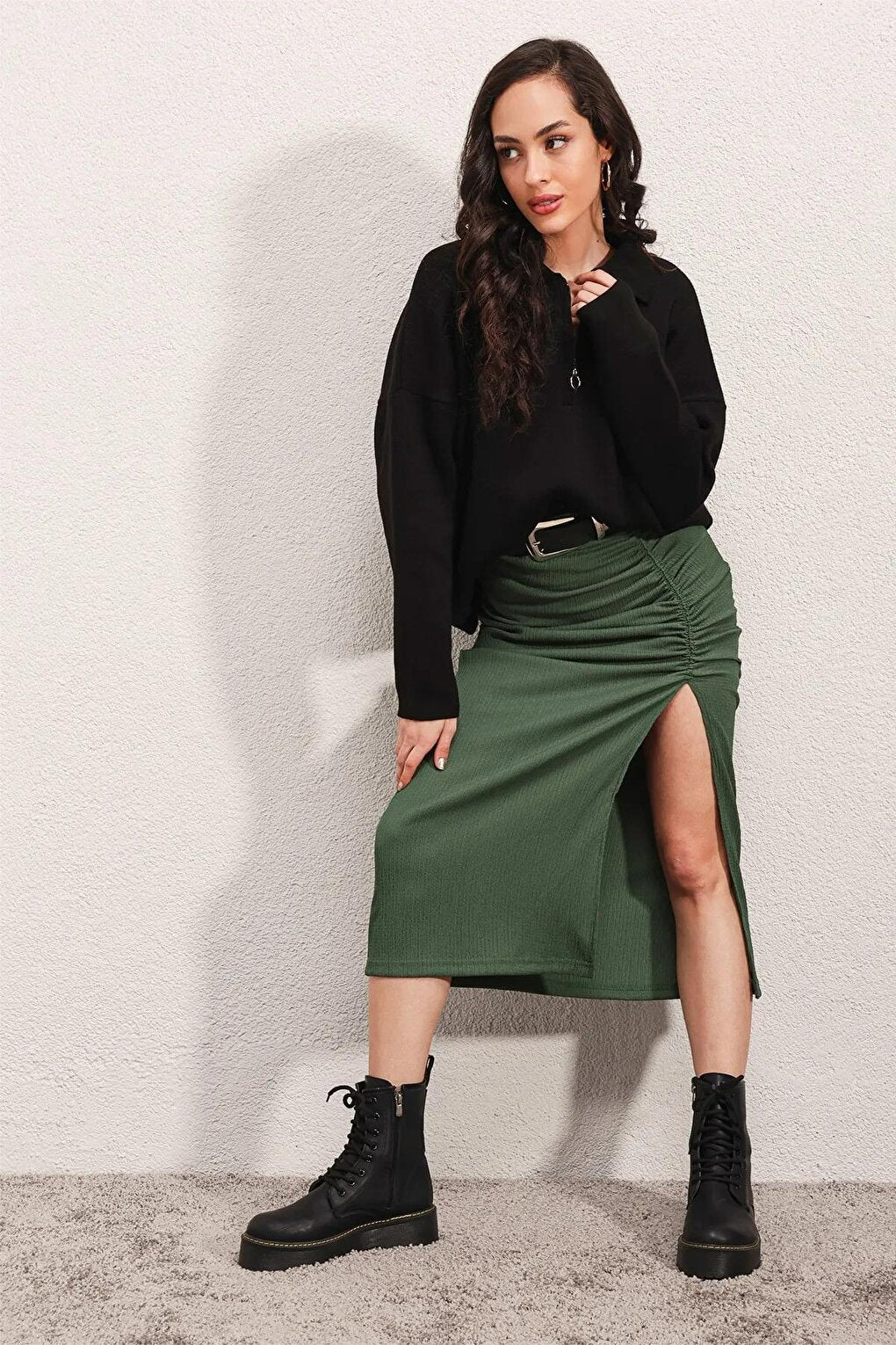 Women's Emerald Green Slit Long Skirt HZL22S-BD118801