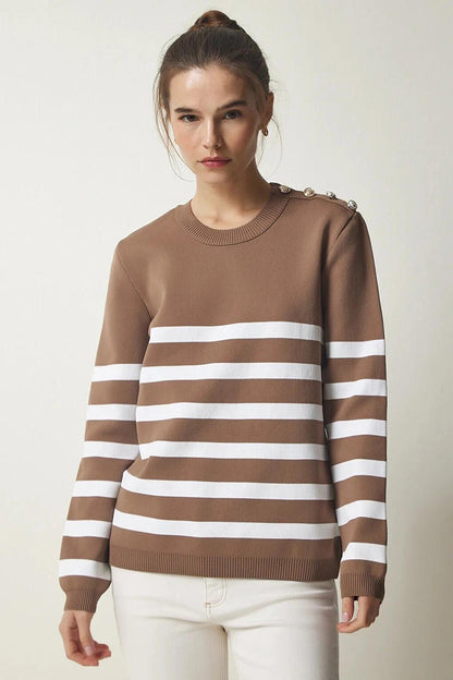 Women's Mink White Striped Shoulder Detailed Crew Neck Sweater HZL24W-BD1102081