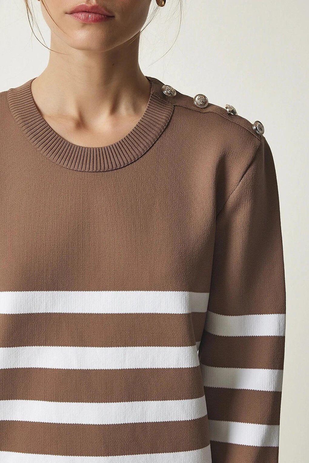 Women's Mink White Striped Shoulder Detailed Crew Neck Sweater HZL24W-BD1102081