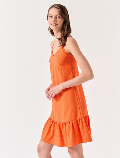 Orange V-Neck Strap Summer Linen Dress