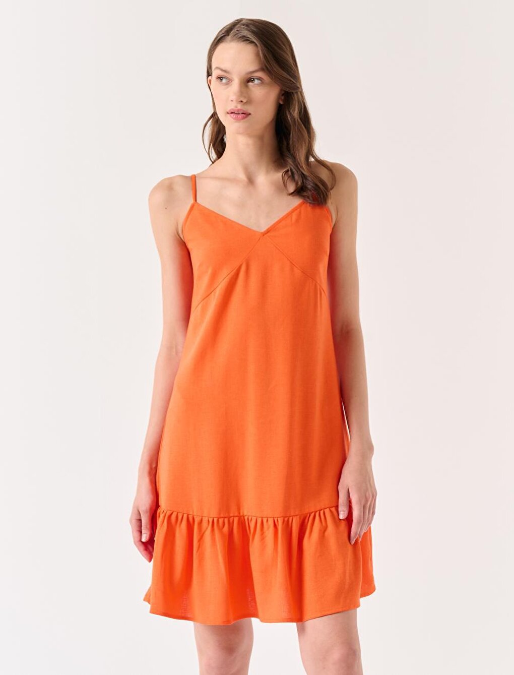 Orange V-Neck Strap Summer Linen Dress