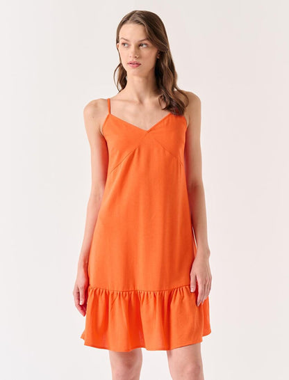 Orange V-Neck Strap Summer Linen Dress