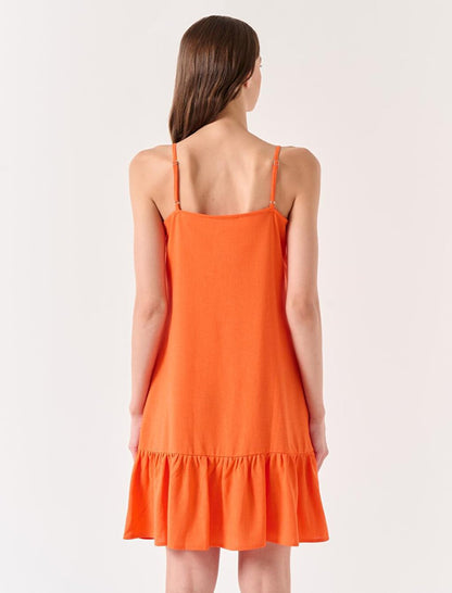 Orange V-Neck Strap Summer Linen Dress