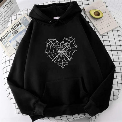 Heart Web Printed Black Unisex Oversize Hooded Sweatshirt