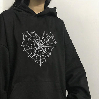 Heart Web Printed Black Unisex Oversize Hooded Sweatshirt