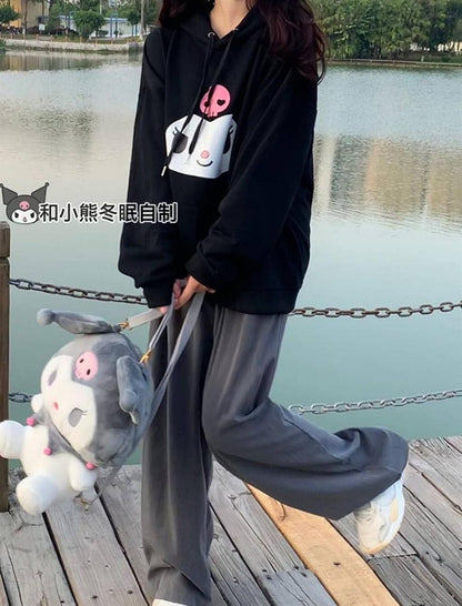 Kuromi Face Printed Black Unisex Oversize Hooded Sweatshirt