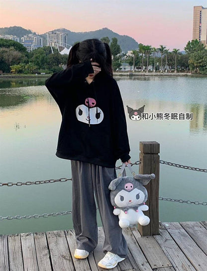 Kuromi Face Printed Black Unisex Oversize Hooded Sweatshirt