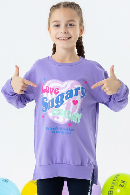 Girl's Sweatshirt Text Printed Slit Lilac (Age 9-14)