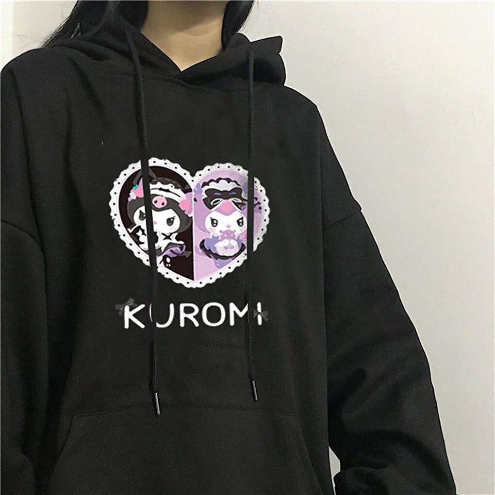 Heart Kuromi Printed Black Hooded Sweatshirt