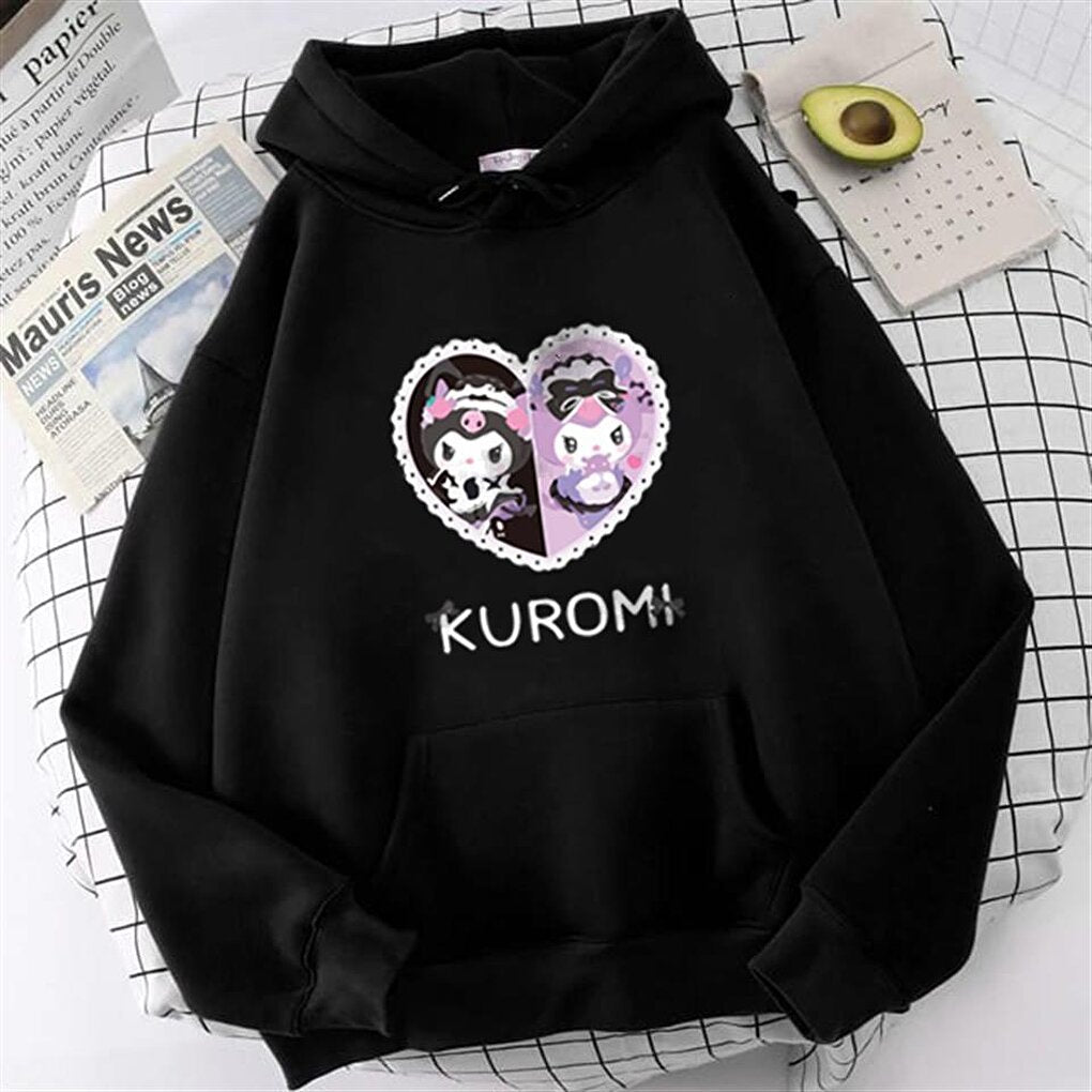 Heart Kuromi Printed Black Hooded Sweatshirt