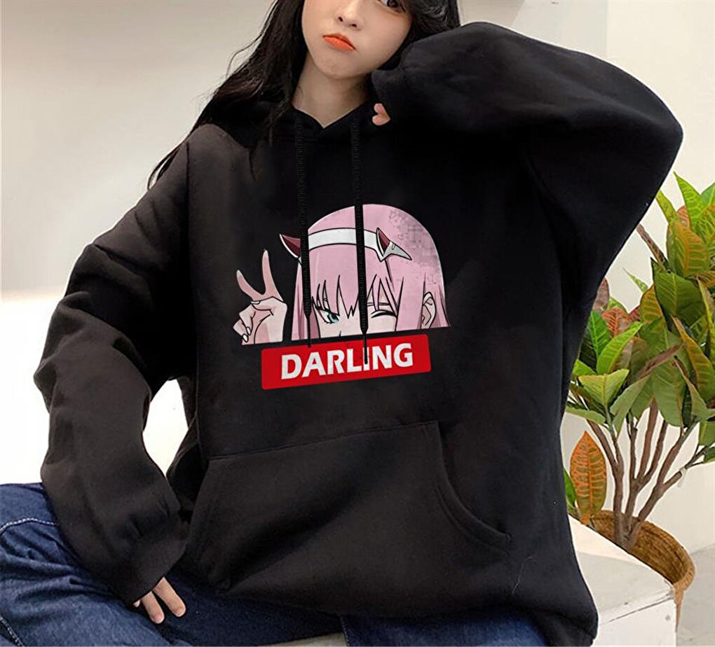 Zero Two Darling Printed Black Unisex Oversize Hooded Sweatshirt