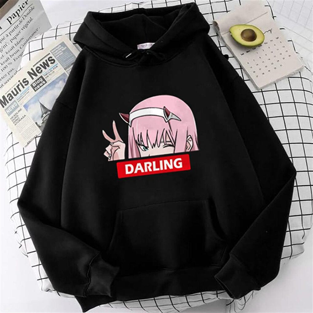 Zero Two Darling Printed Black Unisex Oversize Hooded Sweatshirt