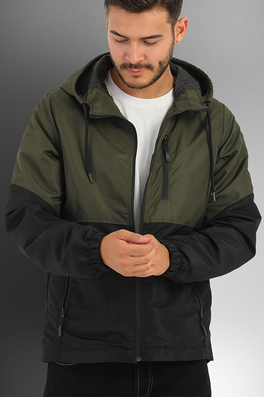 Men's Two-Color Lined Water-Resistant Hooded Raincoat-Windbreaker with Pockets Y-100