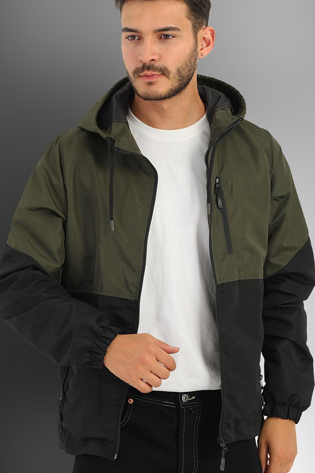 Men's Two-Color Lined Water-Resistant Hooded Raincoat-Windbreaker with Pockets Y-100