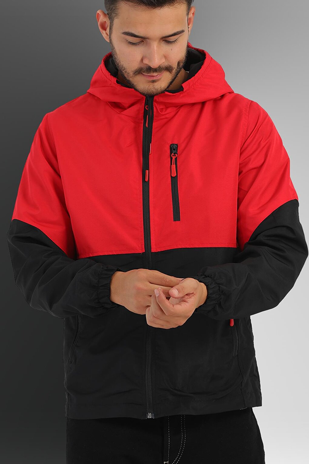 Men's Two-Color Lined Water-Resistant Hooded Raincoat-Windbreaker with Pockets Y-100