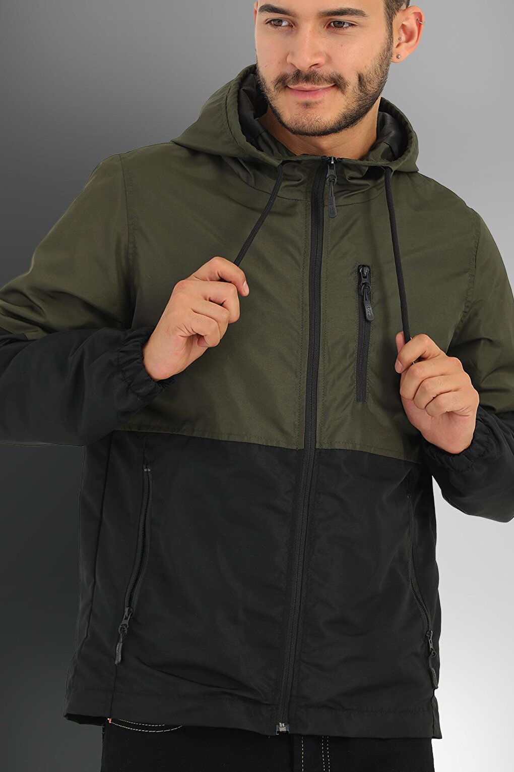 Men's Two-Color Lined Water-Resistant Hooded Raincoat-Windbreaker with Pockets Y-100