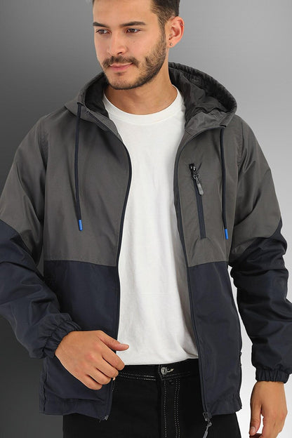 Men's Two-Color Lined Water-Resistant Hooded Raincoat-Windbreaker with Pockets Y-100