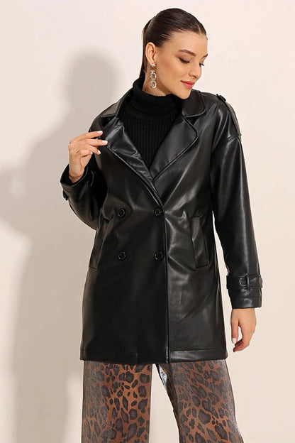 Women's Black Double Breasted Collar Double Pocket Lined Faux Leather Jacket