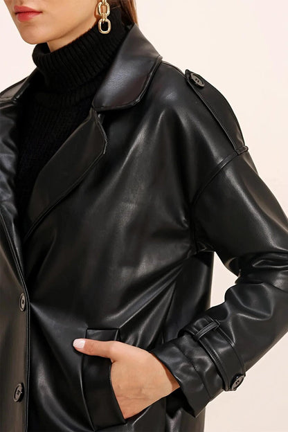 Women's Black Double Breasted Collar Double Pocket Lined Faux Leather Jacket